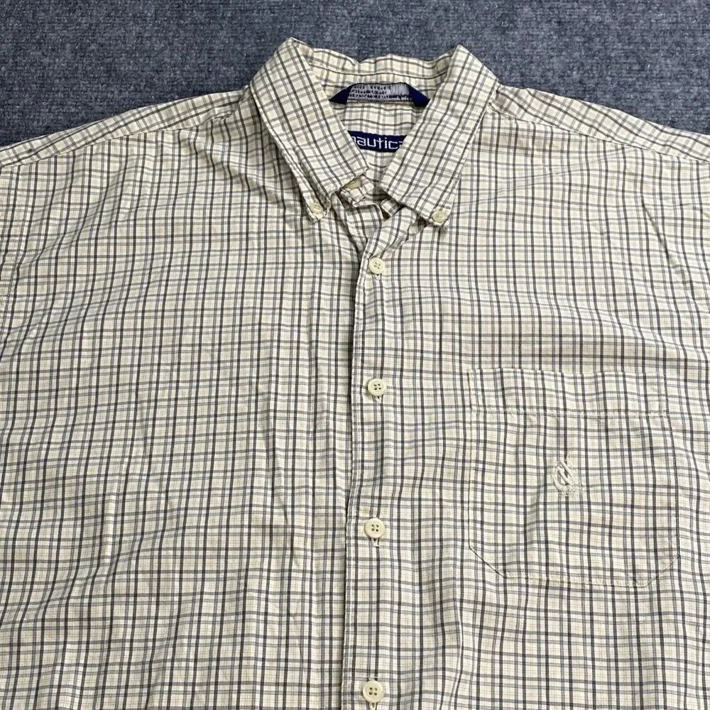 Vintage Y2K Nautica Shirt Men's‎ L Beige Gray Check Preppy Golf Coastal Classic